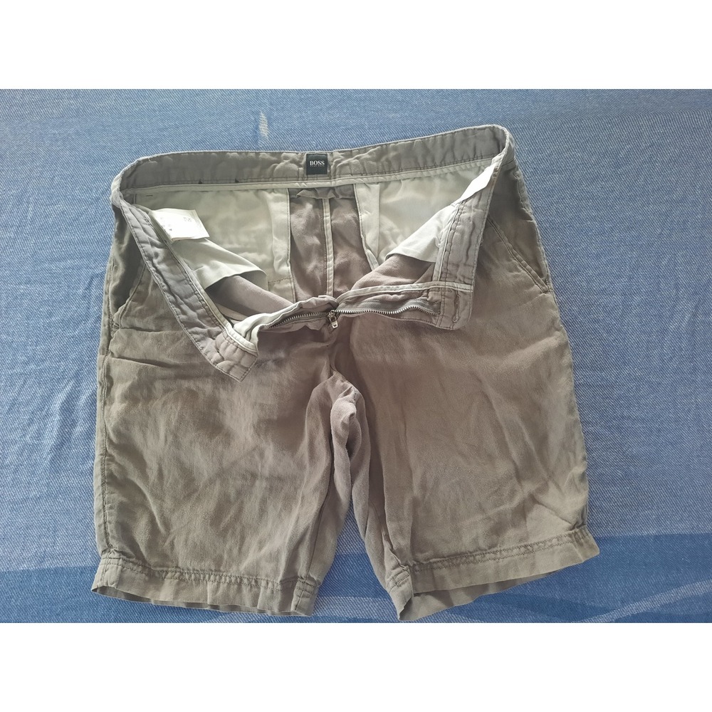 Hugo Boss Mens Gray Pure Linen Flat Front Chino Summer Shorts Size 34R